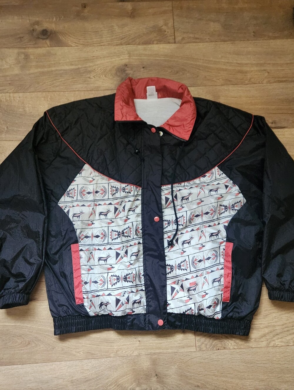 Vintage 80s Windbreaker Prospirit Black Red Pattern Western Quilt Zip Jacket 1X